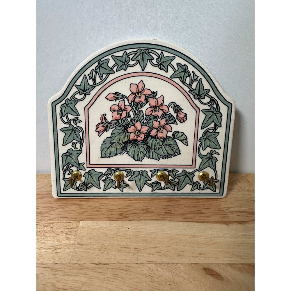 Vintage 90s Floral Key rack Ceramic Ivy Violet Key Hook Wall Plaque Cottagecore